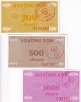 Bosnia & Herzegovina Set 3 Pcs 200 500 1000 Dinara ND 1992 P 48 49 50 UNC