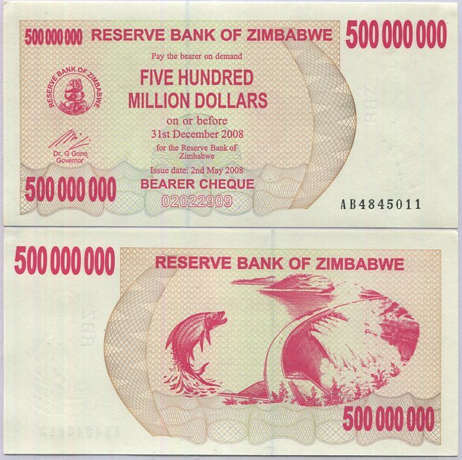 Zimbabwe 500 Million Dollars 2008 P 60 AUnc