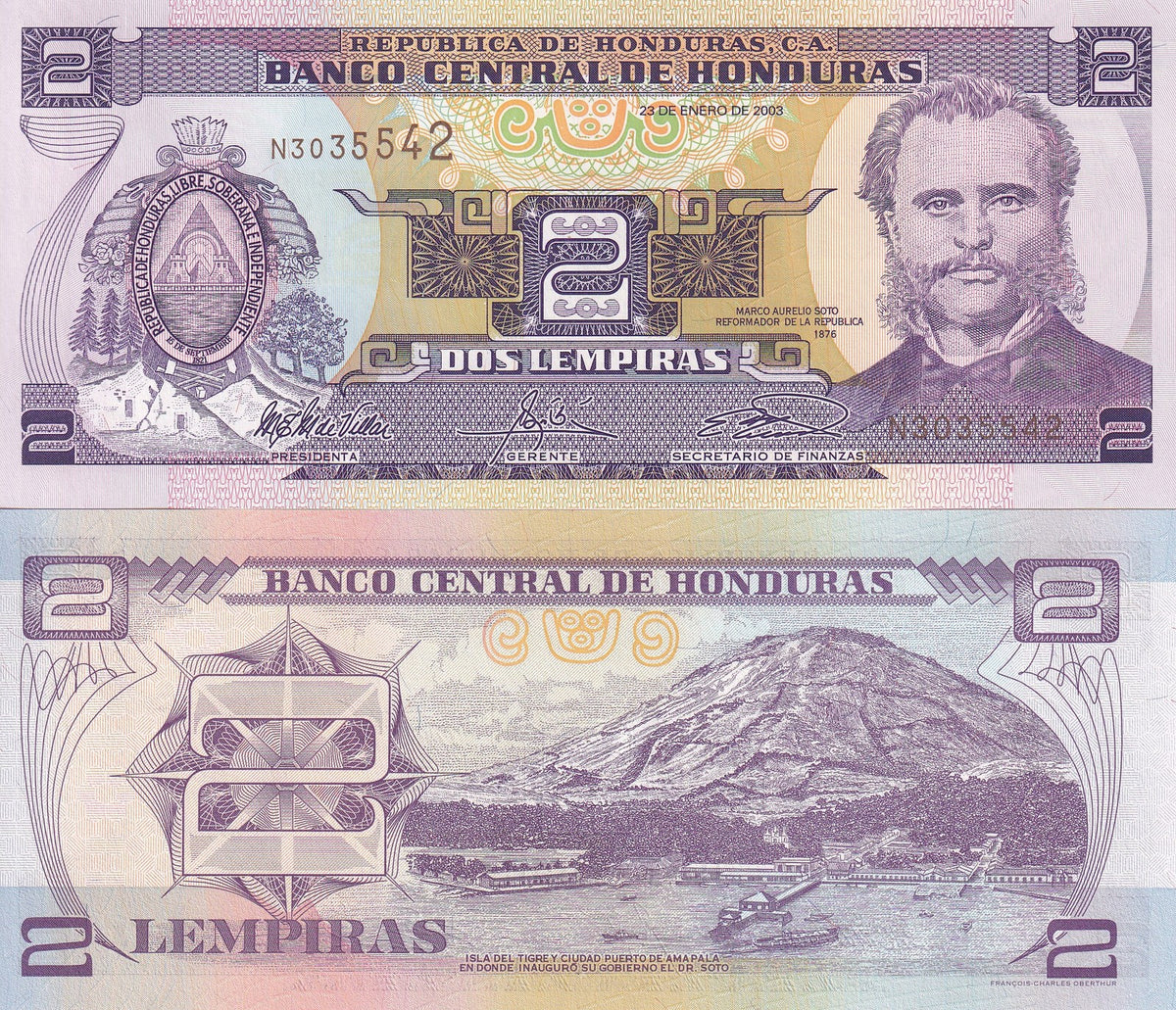Honduras 2 Lempiras 2003 P 80Ad UNC , Marco Aurelio Sot Tigre Island