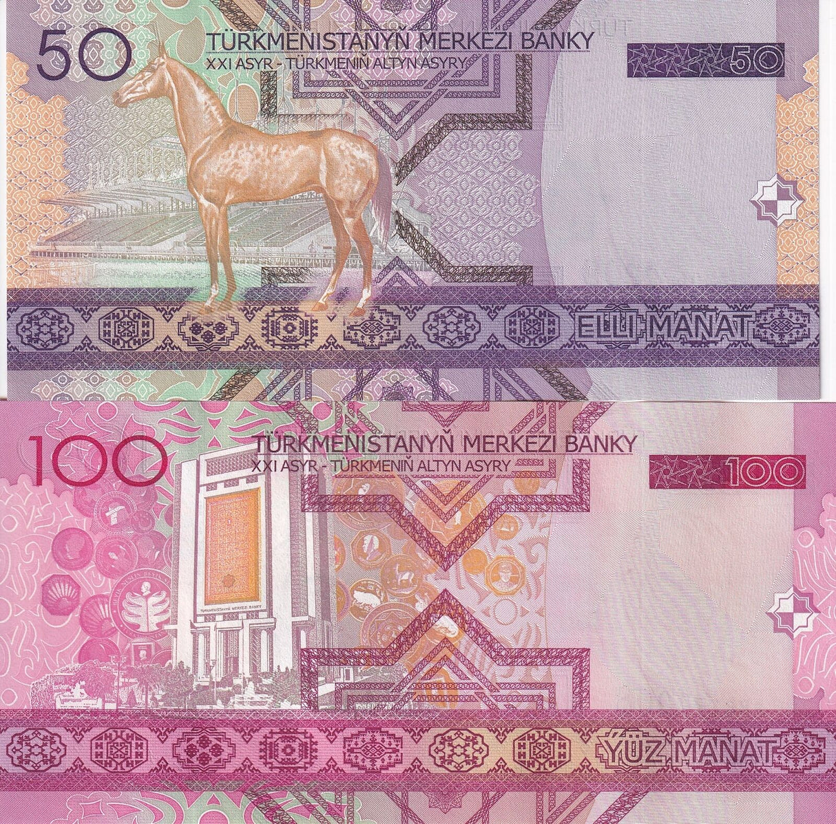 Turkmenistan Set 2 PCS 50 100 Manat 2005 P 17 18 UNC