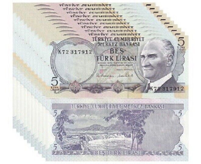 TURKEY 5 LIRA 1970 (1976) P 185 UNC LOT 10 PCS