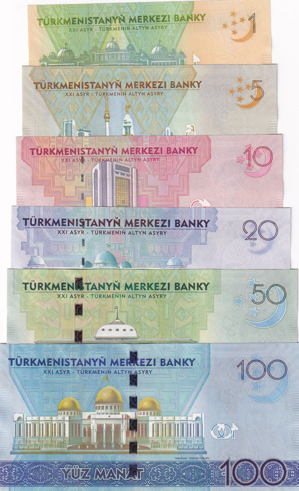 Turkmenistan Set 6 UNC 1 5 10 20 50 100 Manat 2014 P 29 30 31 32 33 34