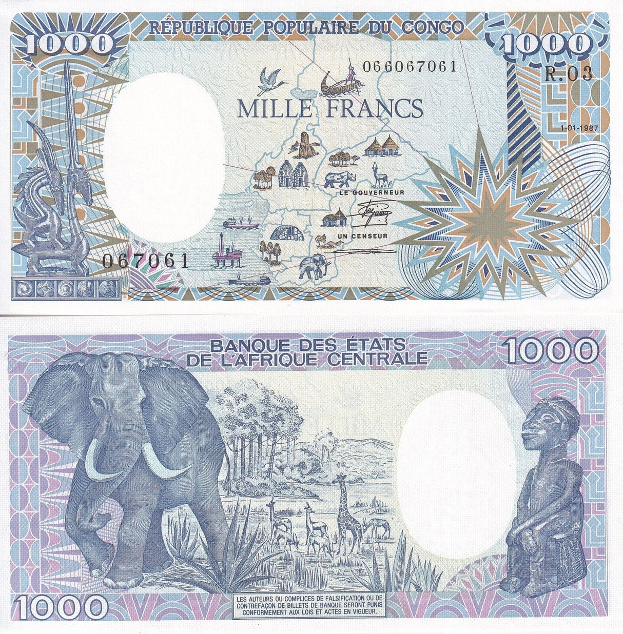 Congo Republic 1000 Francs 1987 P 10 a AUnc