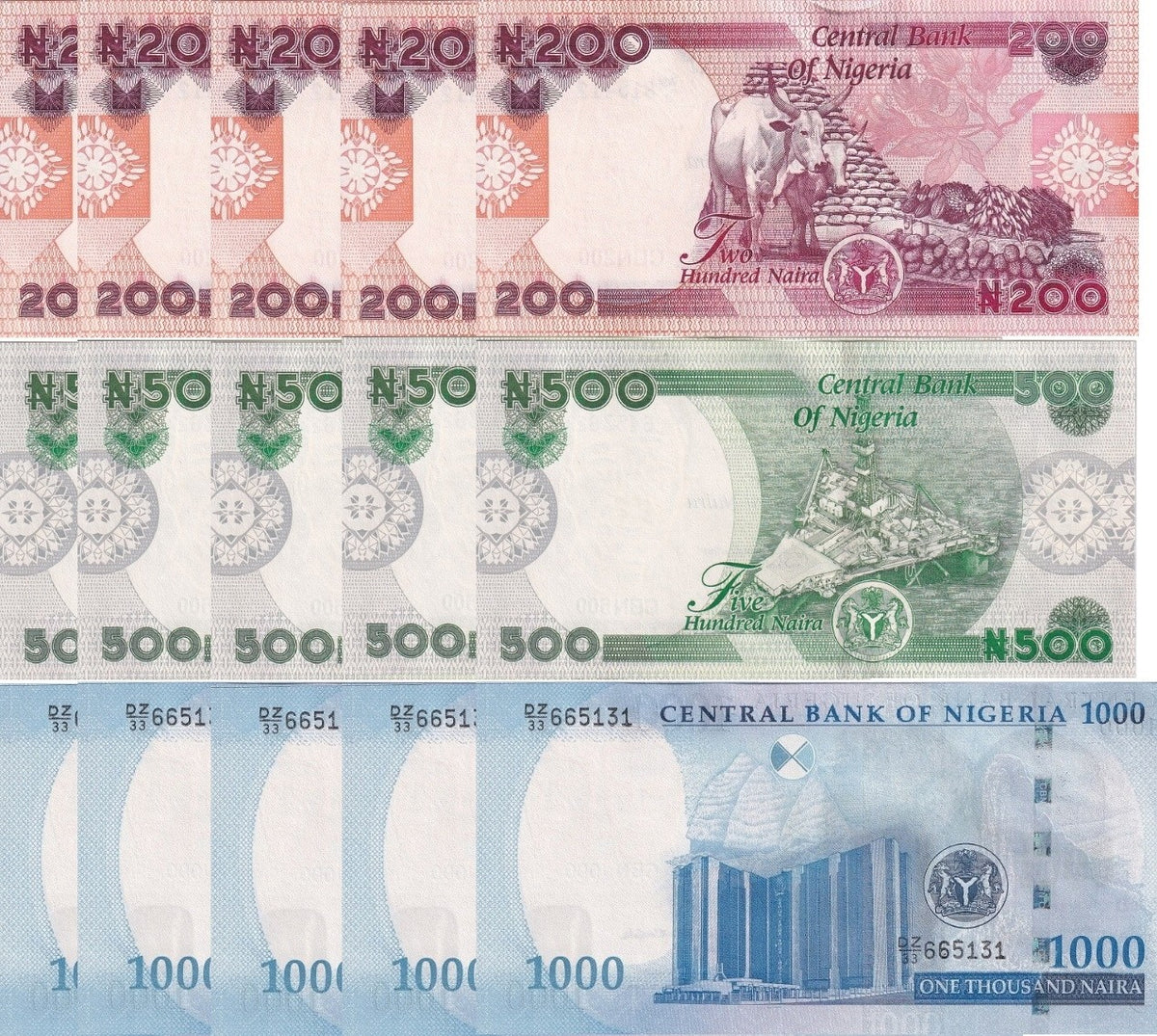 Nigeria Set 3 x LOT 5 = 15 UNC 200 500 1000 Naira 2023 P 47 48 49 ,Cattle