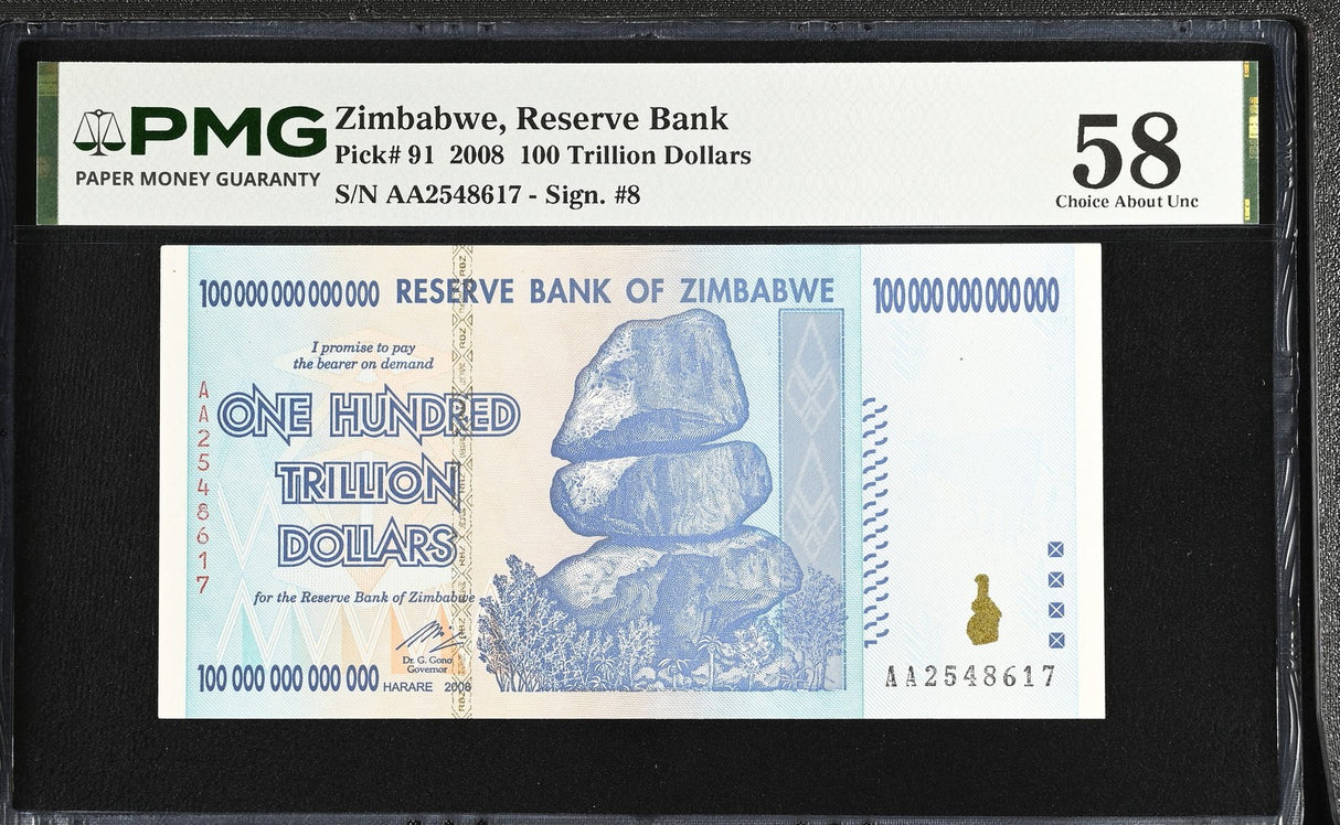 Zimbabwe 100 Trillion Dollars 2008 P 91 Choice About UNC PMG 58