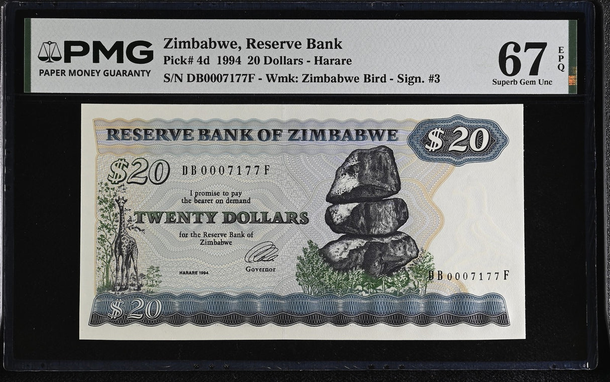 Zimbabwe 20 Dollars 1994 P 4 d Superb Gem UNC PMG 67 EPQ , Graded Note