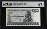 Zimbabwe 20 Dollars 1994 P 4 d Superb Gem UNC PMG 67 EPQ , Graded Note