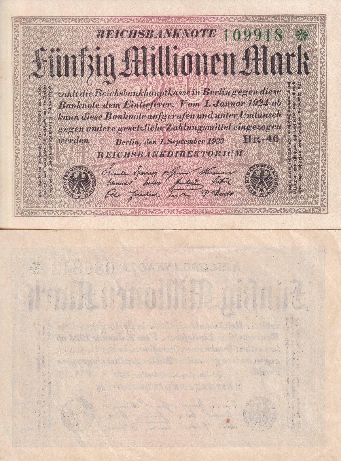 Germany 50 Millionen Mark Republic Treasury 1923 P 109 UNC