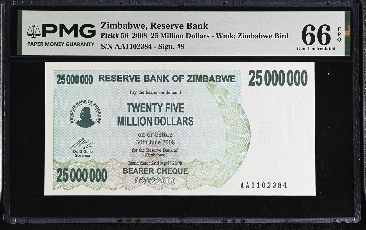 Zimbabwe 25 Million Dollars 2008 P 56 Gem UNC PMG 66 EPQ
