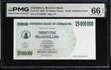 Zimbabwe 25 Million Dollars 2008 P 56 Gem UNC PMG 66 EPQ