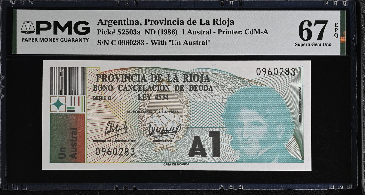Argentina 1 Austral ND 1986 P S2503a Superb Gem UNC PMG 67 EPQ TOP POP