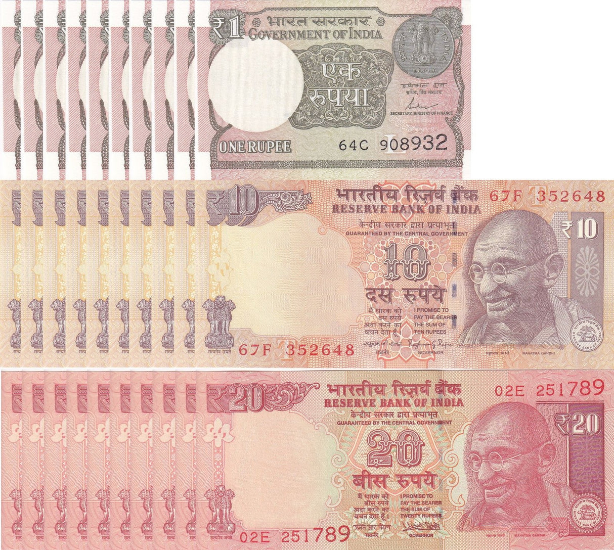 India Set 3 x Lot 10 = 30 UNC 1 10 20 Rupees Random Year P 102 103 117
