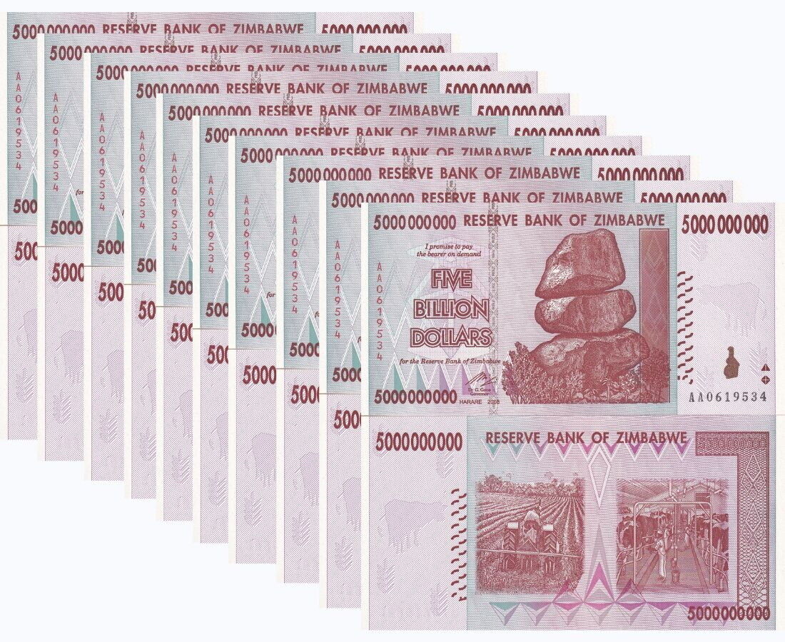 Zimbabwe 5 Billion Dollars 2008 P 84 UNC Lot 10 Pcs 1/10 Bundle