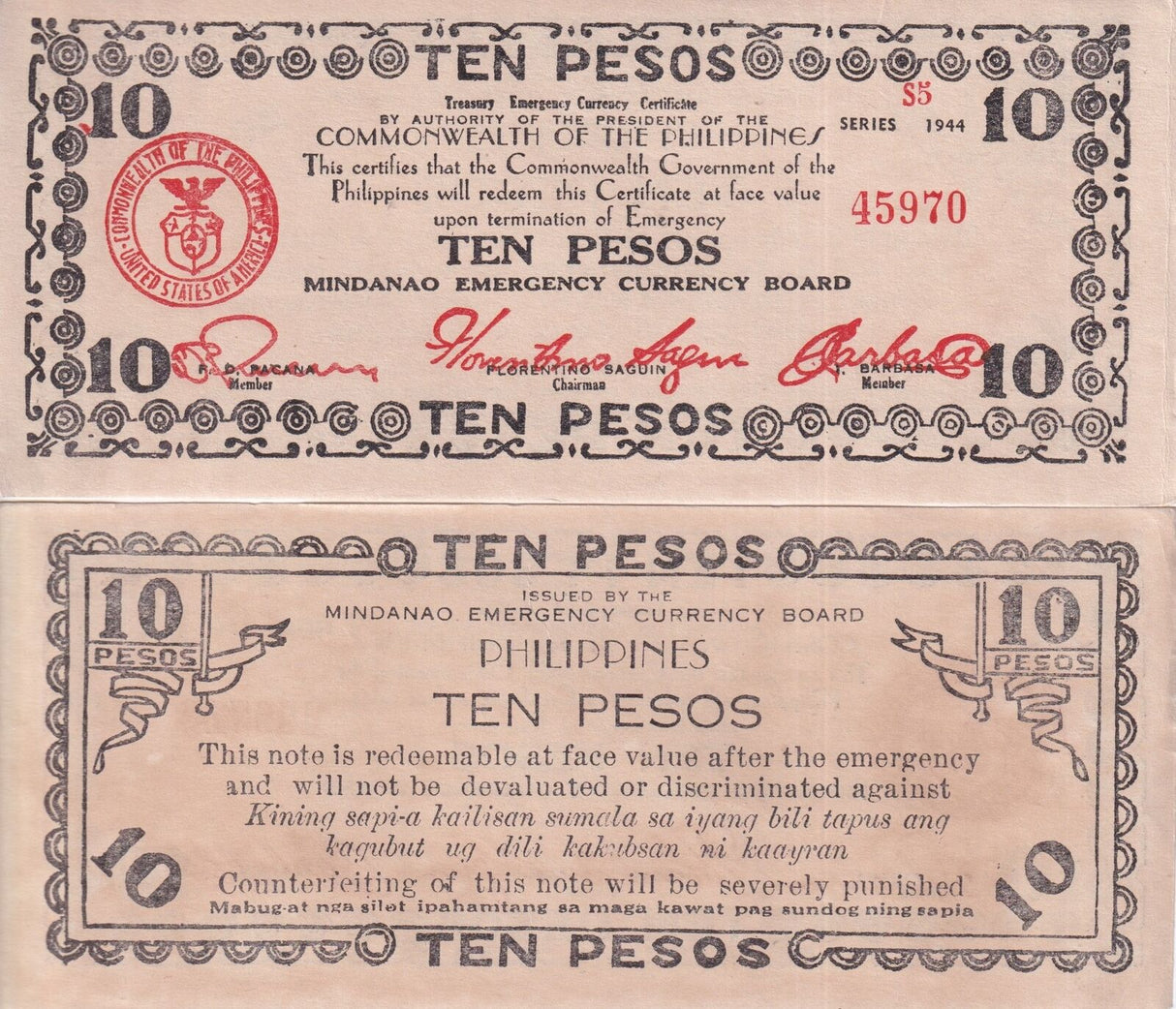 Philippines 10 Pesos 1944 P 527 e Series S5 UNC