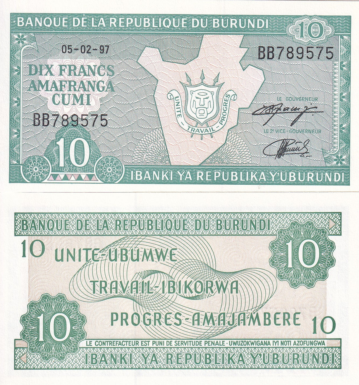 BURUNDI 10 FRANCS 1997 P 33 UNC ,Arms, outline of Burundi ,Amafranga