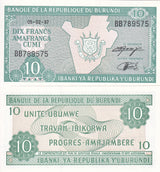 BURUNDI 10 FRANCS 1997 P 33 UNC ,Arms, outline of Burundi ,Amafranga