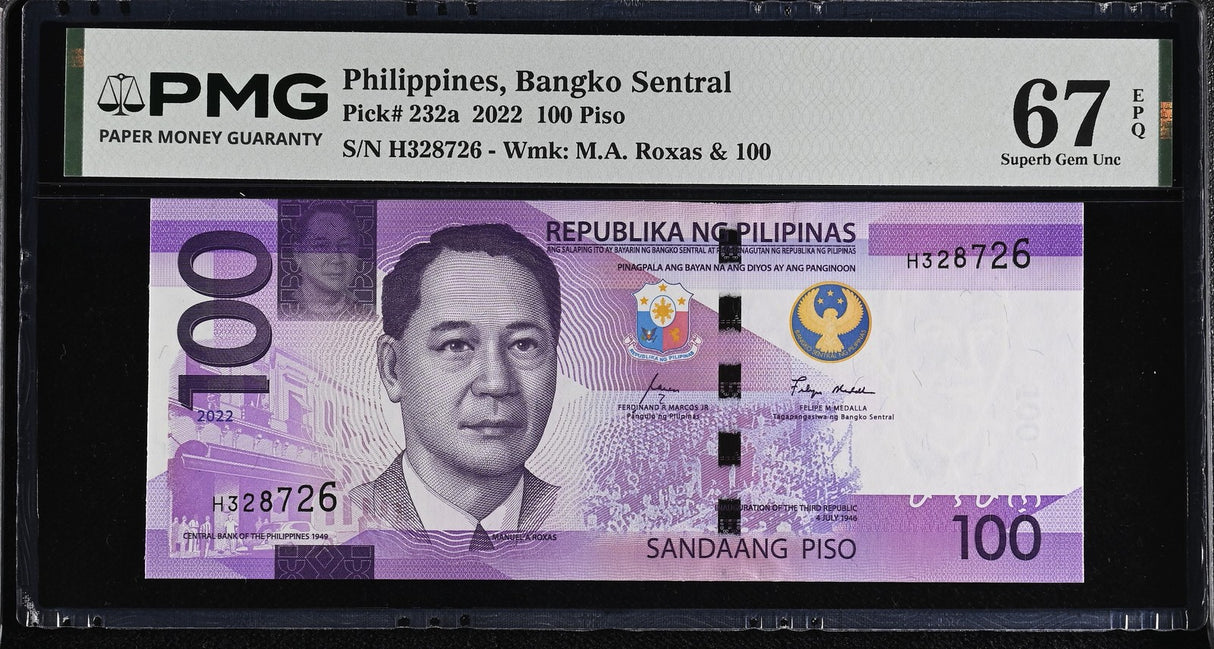 Philippines 100 Piso 2022 P 232 a Superb Gem UNC PMG 67 EPQ