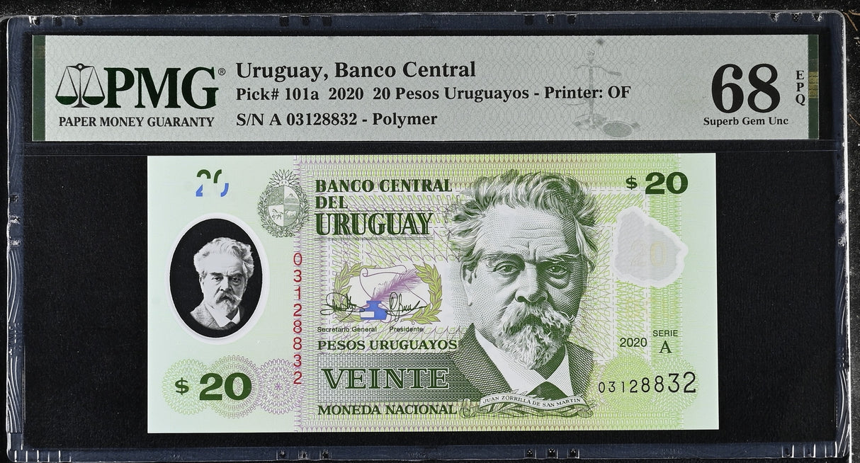 Uruguay 20 Pesos 2020 P 101 a Polymer Superb Gem UNC PMG 68 EPQ