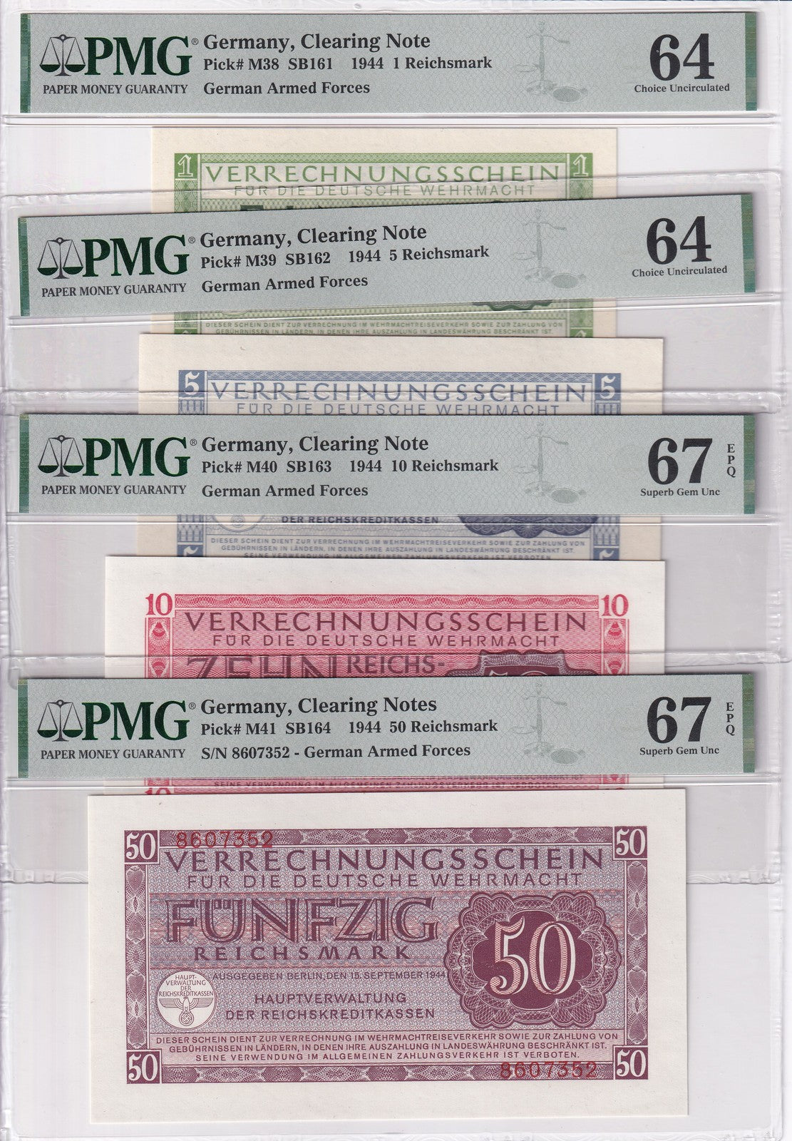 Germany SET 4;1 5 10 50 Reichsmark 1944 P M38 M39 M40 M41 Gem UNC PMG 64 67 EPQ