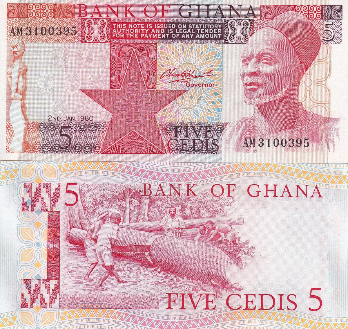 Ghana 5 Cedis 1980 P 19 b UNC , Man Logging , issued note
