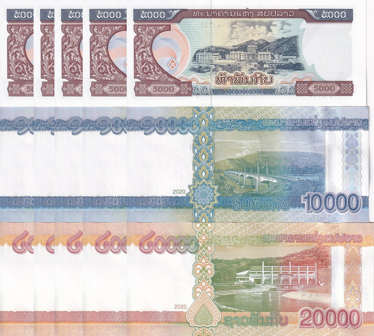 Laos Set 3 X LOT 5 = 15 UNC 5000 10000 20000 Kip 2020/2022 P 41Aa 41b 41C