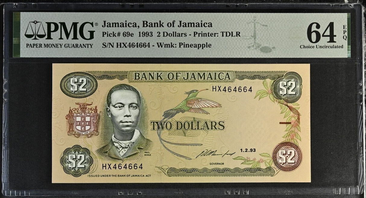 Jamaica 2 Dollars 1993 P 69 e #464664 Choice UNC PMG 64 EPQ