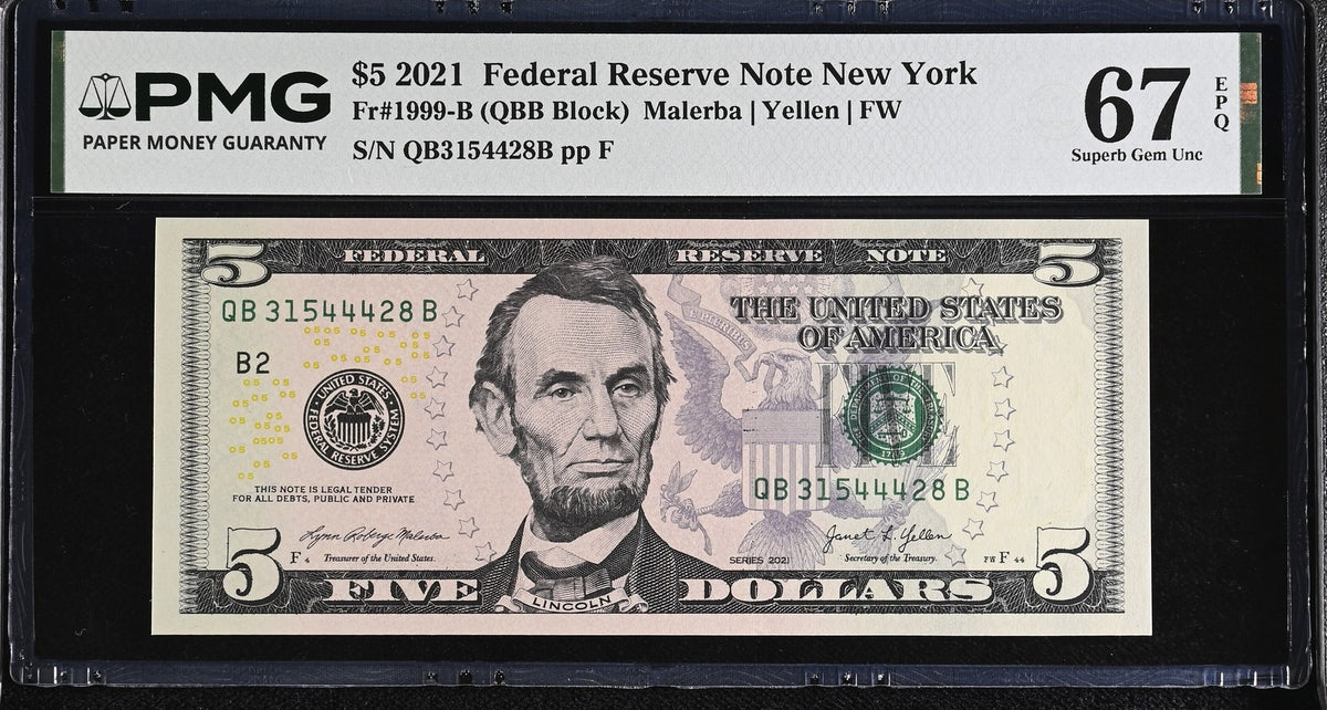 United States 5 Dollars Usa 2021 P 551 B New York Superb Gem UNC PMG 67 EPQ