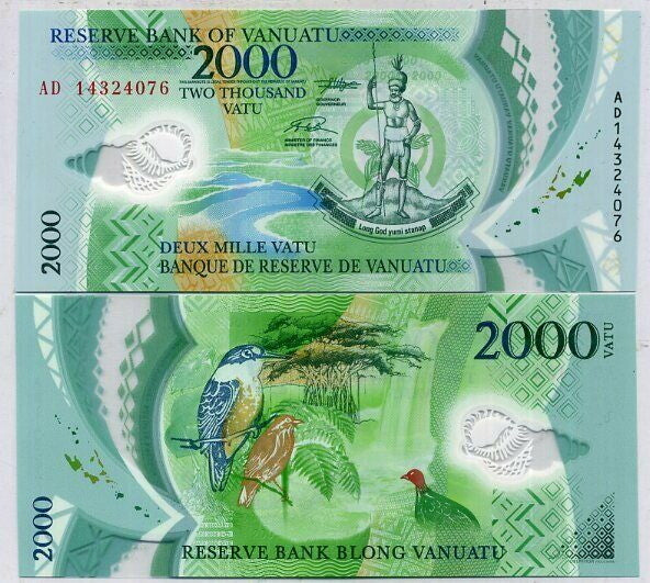 Vanuatu 2000 Vatu 2014 P 14 Polymer UNC Birds, trees, Melanesian chief