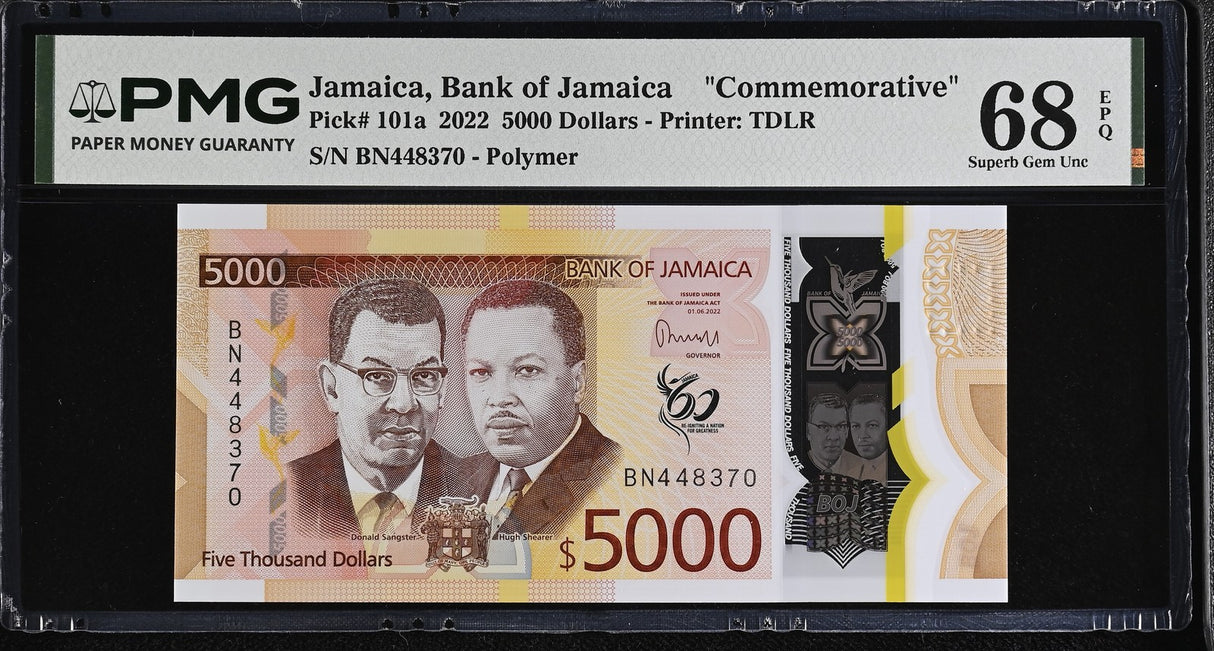 Jamaica 5000 Dollars 2022 P 101 a Polymer Comm. Superb Gem UNC PMG 68 EPQ