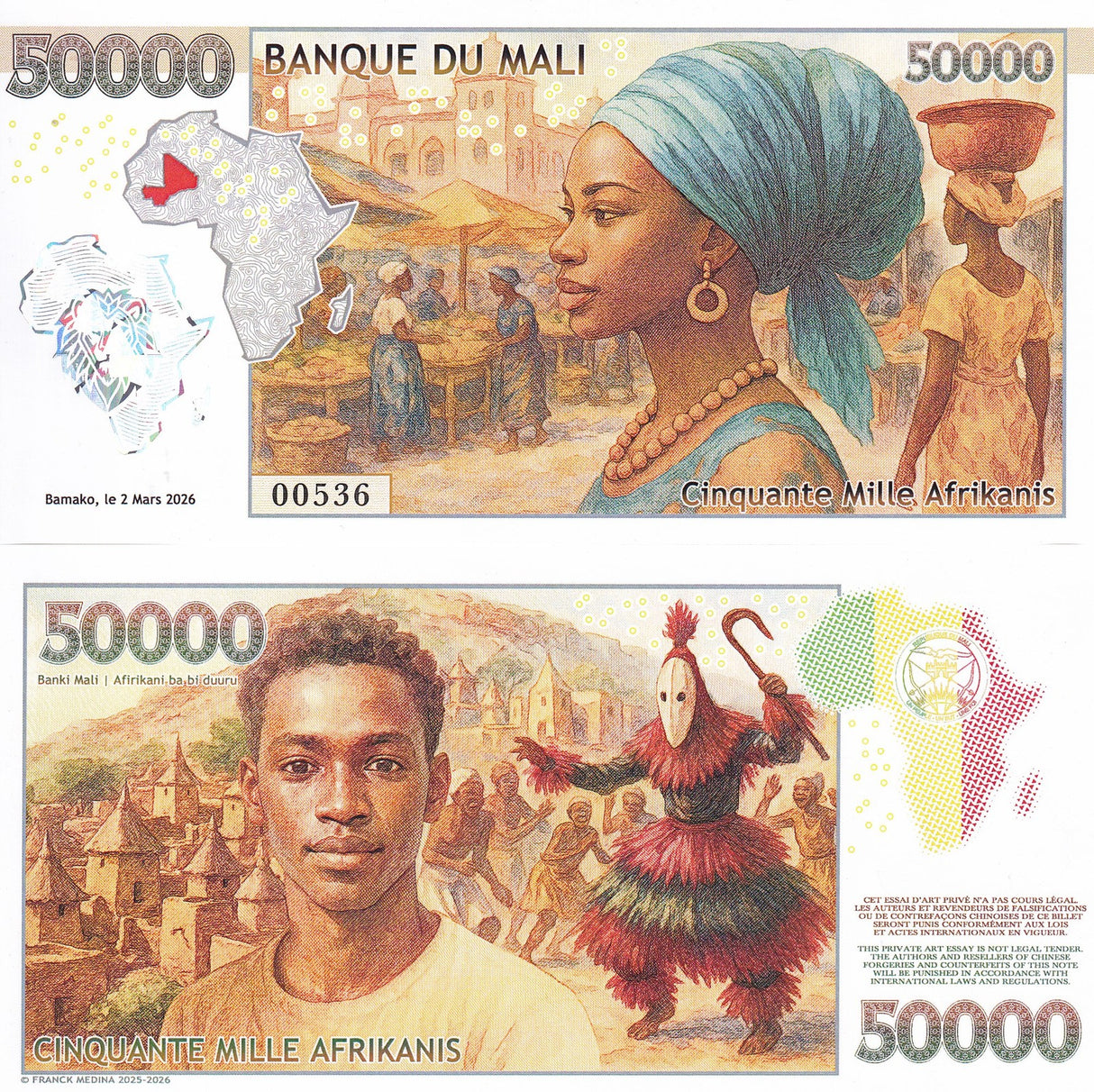 Mali 50000 Afrikanis 2026 Private Issue Art FANTASY Logo Lion MAP NEW