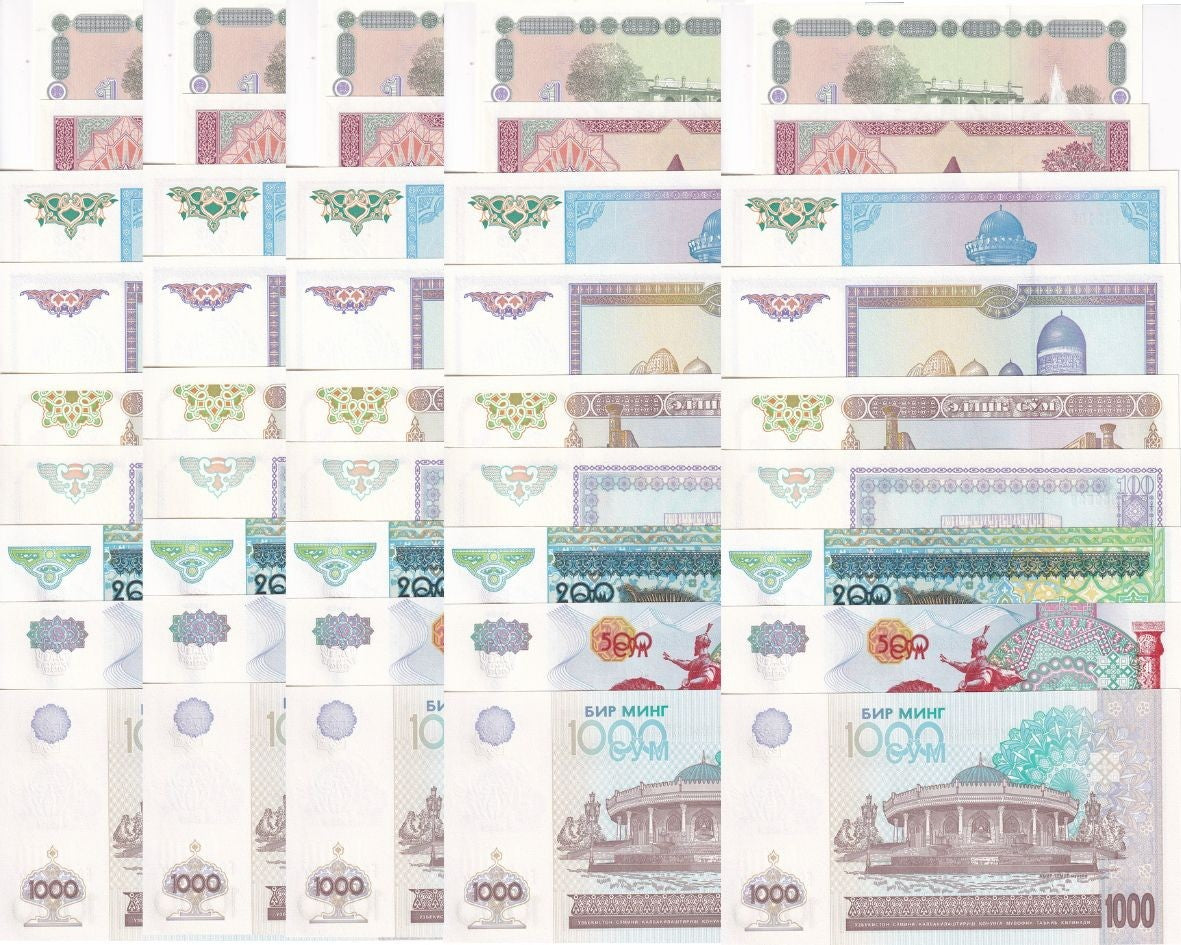 Uzbekistan Set 9XLot 5=45 UNC 1 3 5 25 50 100 200 500 1000 Som 1994-2021 P 73-82