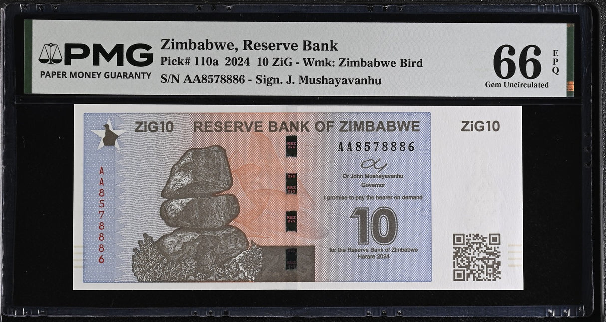 Zimbabwe 10 ZiG 2024 P 110 a Gem UNC PMG 66 EPQ , Graded Noted