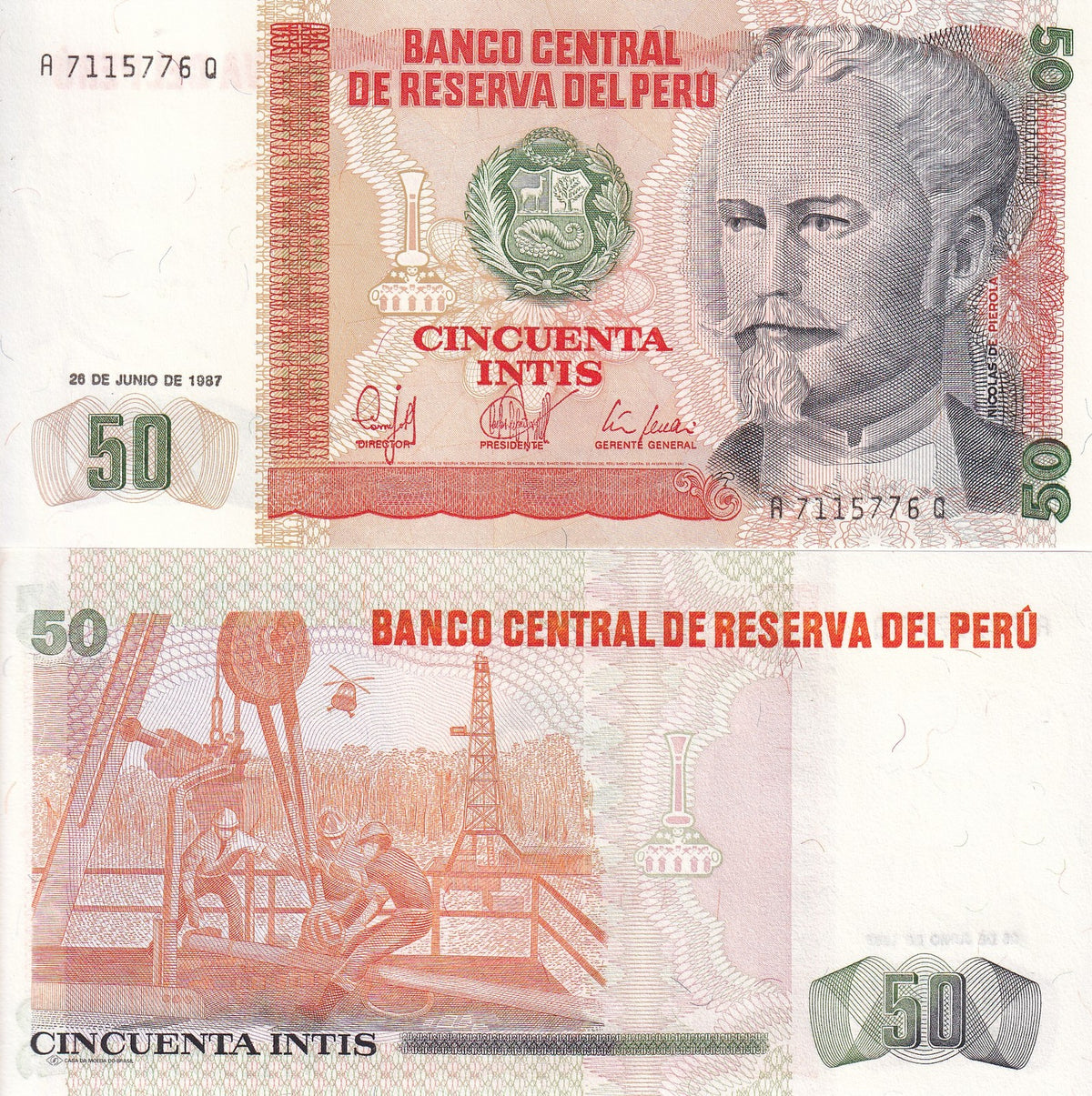 Peru 50 Intis 1987 P 131 b UNC , Nicolas de Pierola Drilling rig