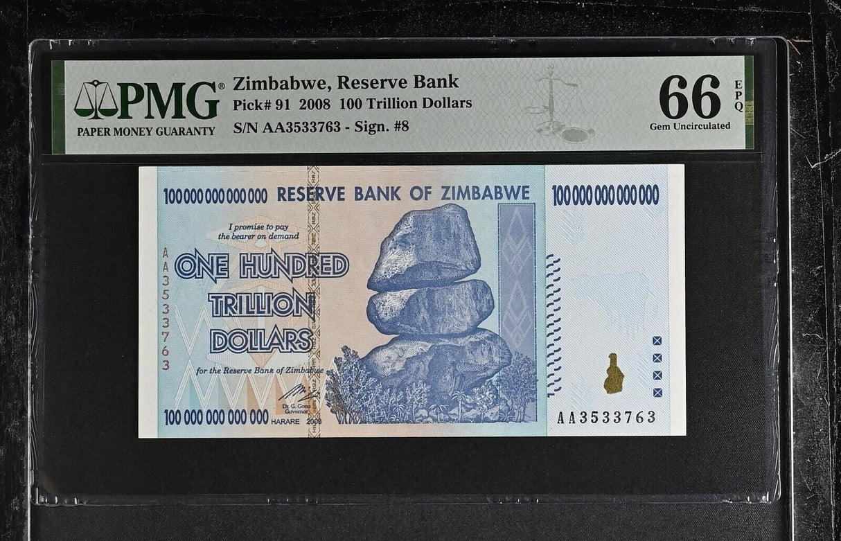 Zimbabwe 100 Trillion Dollars 2008 P 91 Gem UNC PMG 66 EPQ Chiremba Balance Rock