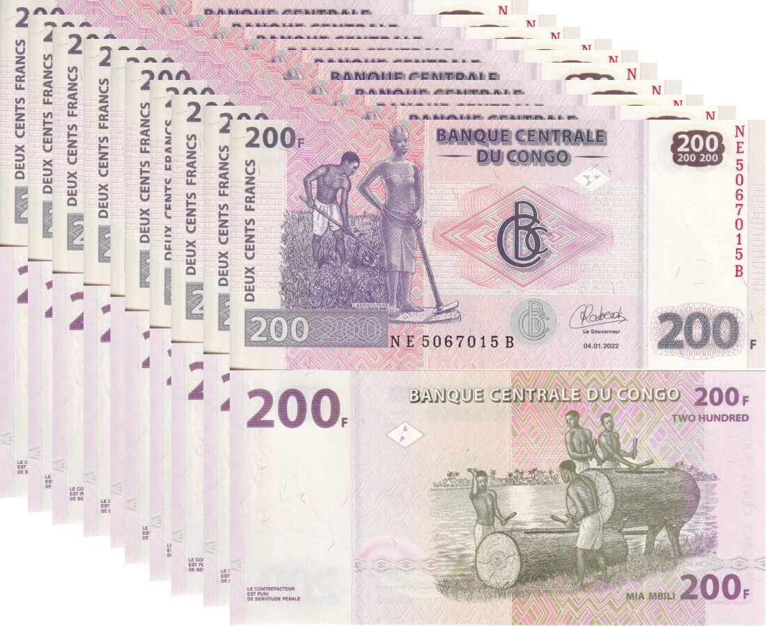 Congo 200 Francs 2022 P 99B UNC LOT 10 PCS