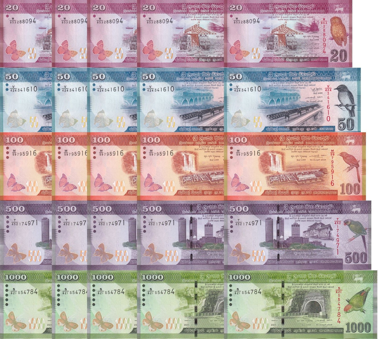 Sri Lanka Set 5 x 5 Sets = 25 UNC 20 50 100 500 1000 Rupees 2022-2024