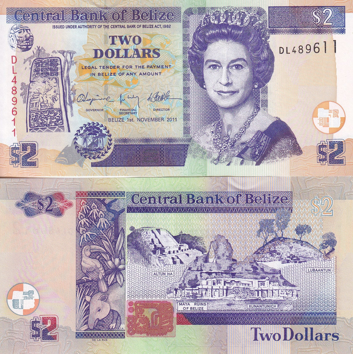 Belize 2 Dollars 2011 P 66 d UNC, QE Elizabeth II, Altun Ha Temple