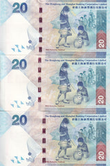 Hong Kong Set 3 UNC 20 Dollars 2010 2012 2014 HSBC P 212