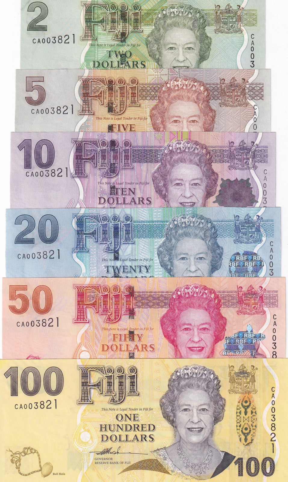 Fiji Set 6 UNC 2 5 10 20 50 100 Dollars 2007 P 109 -111 112 113 114 Matching W/F