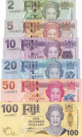 Fiji Set 6 UNC 2 5 10 20 50 100 Dollars 2007 P 109 -111 112 113 114 Matching W/F