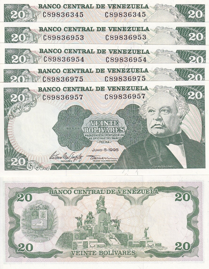 Venezuela 20 Bolivares 1995 P 63 e AUnc LOT 5 PCS