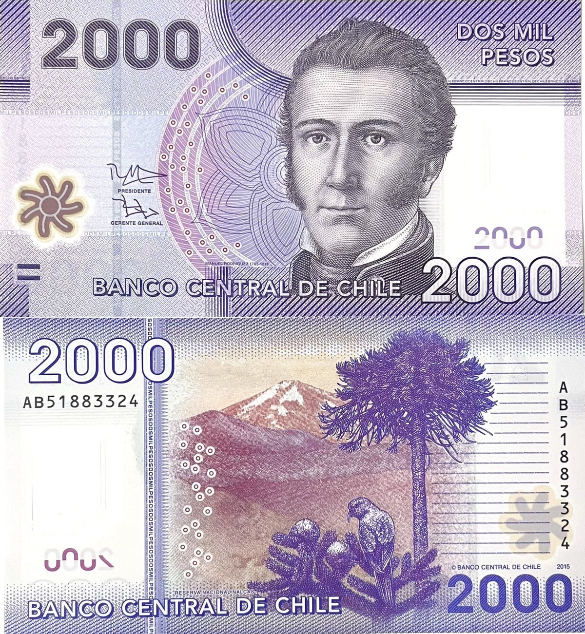 Chile 2000 Pesos 2015 P 162 e Polymer UNC ,Manuel Rodrigues Erdoyza