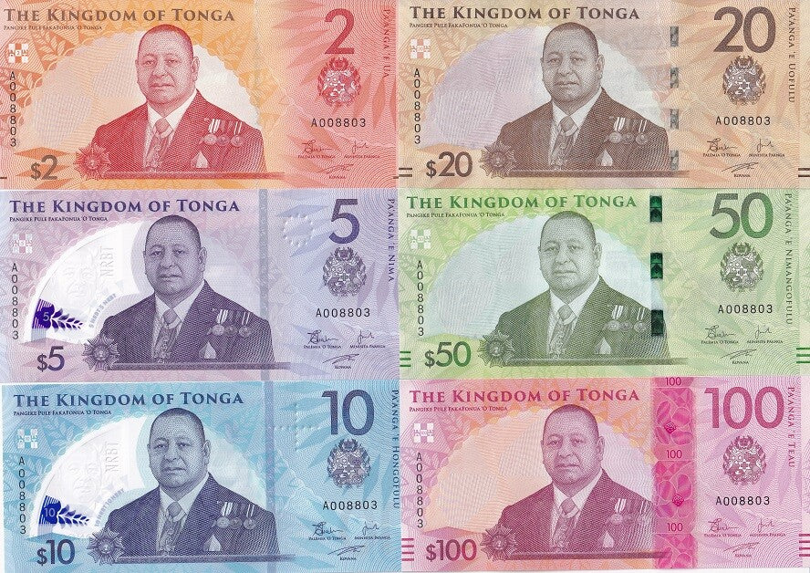 Tonga Set 6 UNC 2 20 50 100 (5 10 Polymer) Pananga 2023 2024 P 50 -55 Matching #
