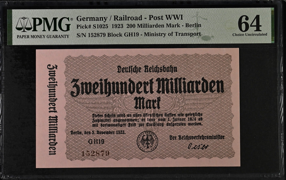 Germany Railroad 200 Milliarden Mark 1923 P S1025 Choice UNC PMG 64