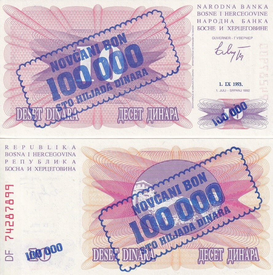Bosnia 100000 on 10 Dinara 1993 (1992) P 34 a UNC Overprints Emergency Issue