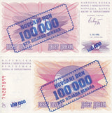 Bosnia 100000 on 10 Dinara 1993 (1992) P 34 a UNC Overprints Emergency Issue