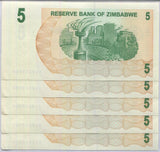 Zimbabwe 5 Dollars 2006 P 38 UNC Lot 5 Pcs