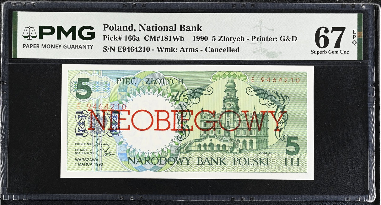 Poland 5 Zlotych 1990 P 166 a Cancelled Superb Gem UNC PMG 67 EPQ