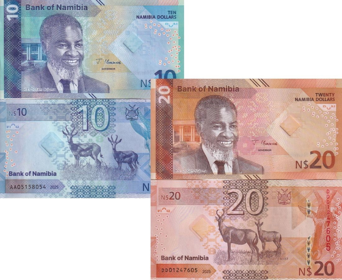 Namibia set 2 UNC 10 20 Dollars 2025 P 20 21 NEW Design SpringBok HYBRID