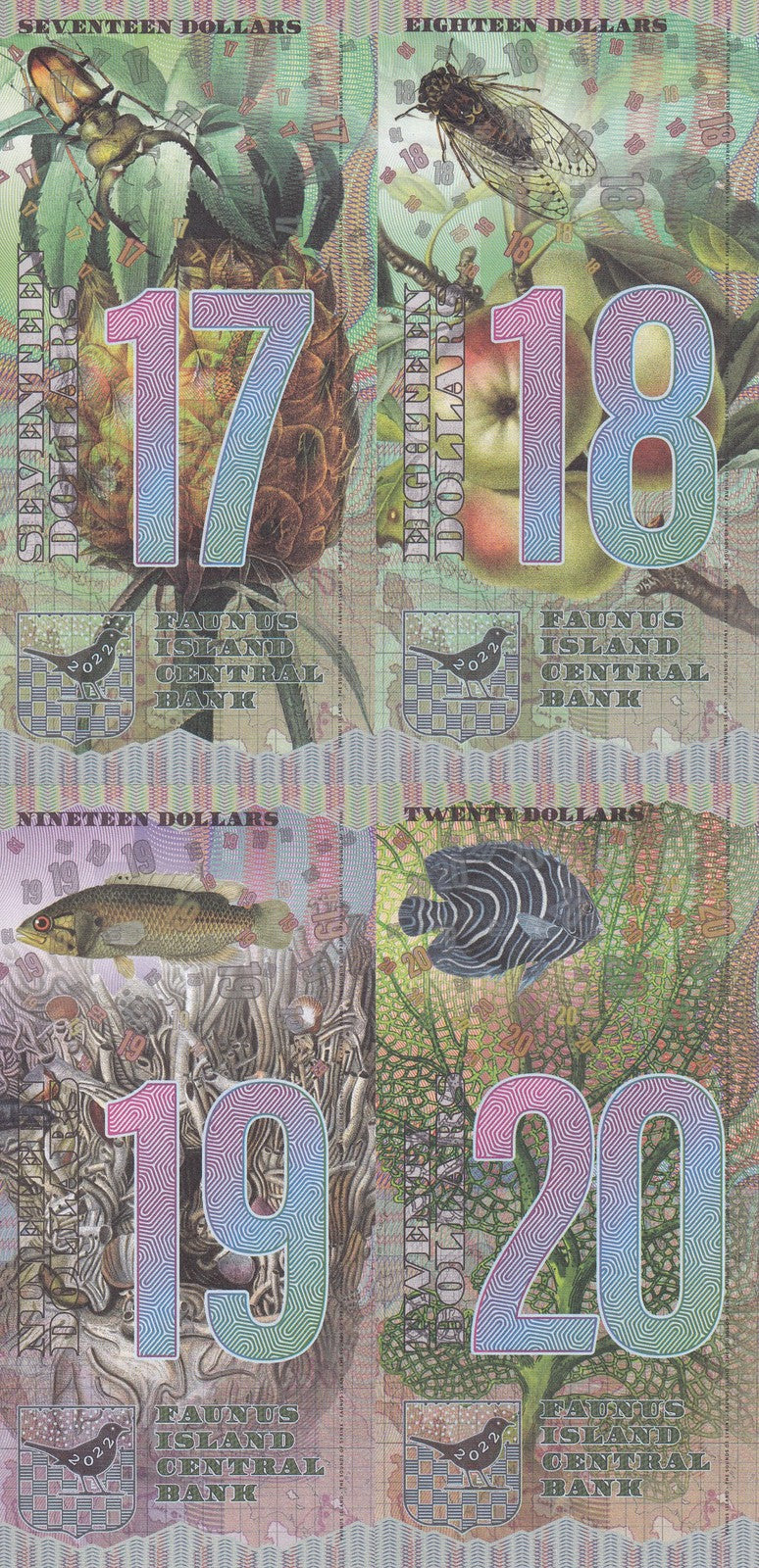 Faunus Island Set 4, 17 18 19 20 Dollars 2022 SEAHORSE, Fish Fantasy